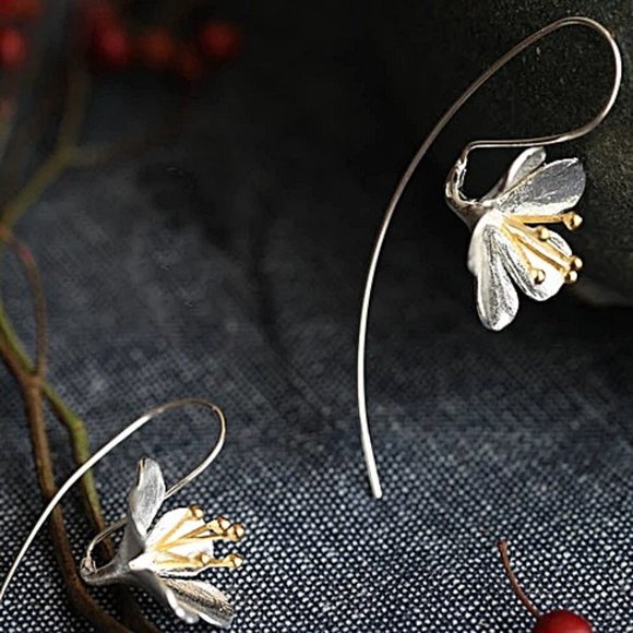 Sterling Silver Flower Drop French Hook Threader Earrings - Picture 4 of 7